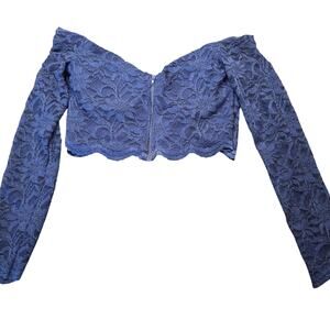 City Triangles Blue Glitter Lace Crop Top Shirt Long Sleeves Stretch Women's 15